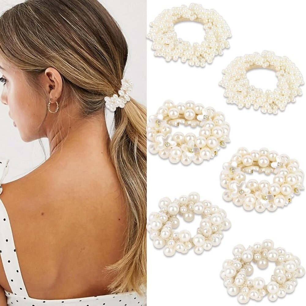 6 Pcs Pearl Hair Scrunchies Faux Beaded Hair Ties Stylish Ponytail Holders Women - Picture 1 of 7